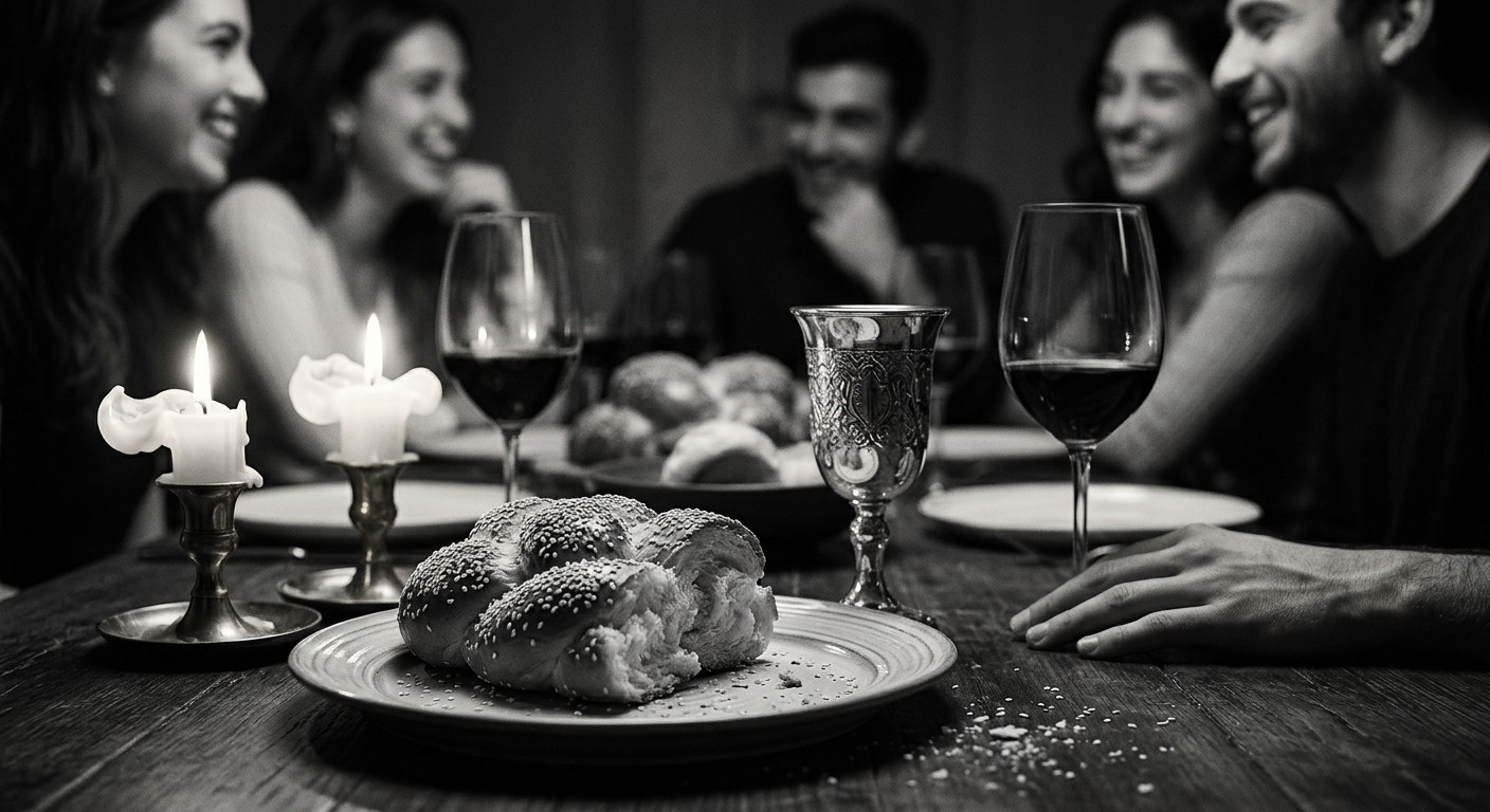 Guests gathered around a Shabbat dinner table with challah and candles